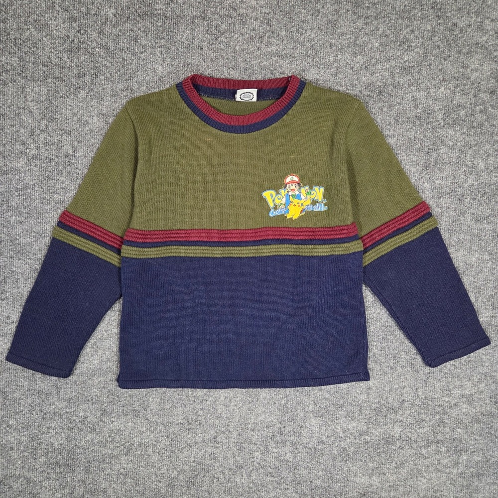 Vintage Pokemon Sweater Boys Medium Ash Ketchum Pikachu Knit Nintendo Green Blue